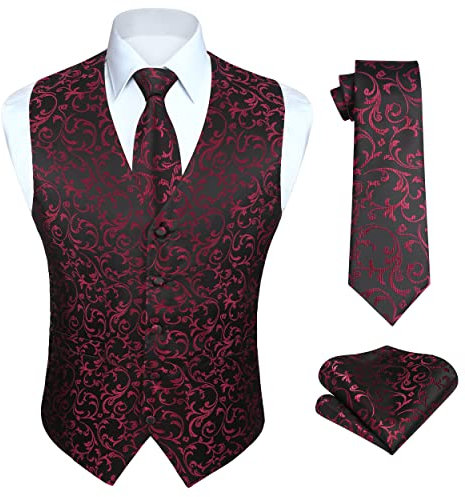 HISDERN Herren Paisley Weste Floral Jacquard Krawatte Einstecktuch Einstecktuch Hochzeitsfeier Business Fit Weste Anzug Set,2XL,Schwarz & Rot-N
