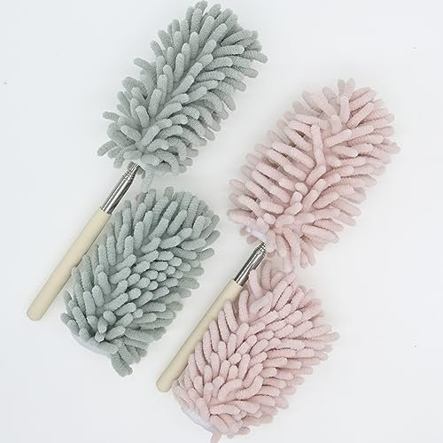 Pack of 2 Microfiber Chenile Duster with 2 Extra Heads for Cleaning Extendable Hand Dusters with Bendable Head (Green and Pink)