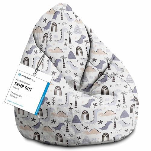 DreamRoots Sitzsack Kinder 80x80x120, Pastel Kids Dinosaur | Bean Bag Kinder mit Lehne, Hocker & Bezug, Sitzkissen Boden, Bubibag, mit Füllung, Kinderzimmer