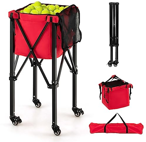 COSTWAY Chariot de Balle de Tennis Pliable avec Sac de Transport, Panier à Balles de Tennis en Aluminium Contient 150 Balles de Tennis avec 2 Roues de Frein Poches Latérales (Rouge)
