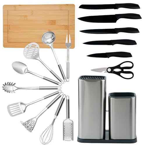 Kit complet de couteaux et ustensiles de cuisine de 17 pièces en acier inoxydable (couteaux de cuisine, set ustensile cuisine, bloc à Couteaux et planche à découper inclus). Accessoires de Cuisine