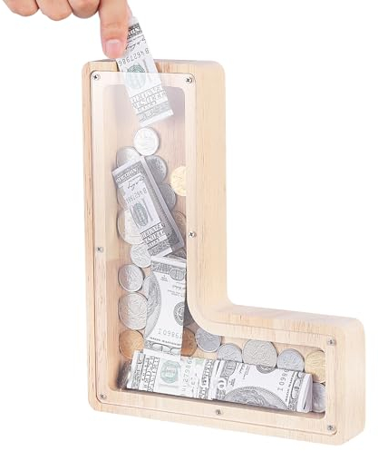 TsunNee Holz Brief Spardose Sparschwein Kreative Brief Münzbank Spardose mit Klare Alphabet Aufkleber, Spardose für Kinder Weihnachten Geburtstagsgeschenk Home DIY Dekoration (Helles Holz L, L)