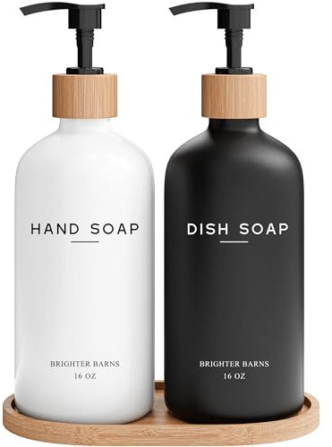 Brighter Barns - Juego de dispensador de jabón para Manos y Platos de Cristal de Lujo, Bandeja para Fregadero de Cocina, dispensador de jabón de bambú, decoración Moderna Bohemia (Negro/Blanco)