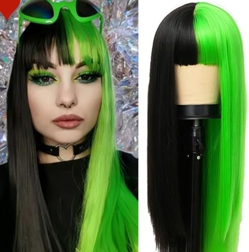Salaibs Halb Grün Halb Schwarze Perücken mit Knall für Frauen Lange Gerade Synthetische Natürliche Punk Perücke für Halloween Party Kostüm Gebrauch