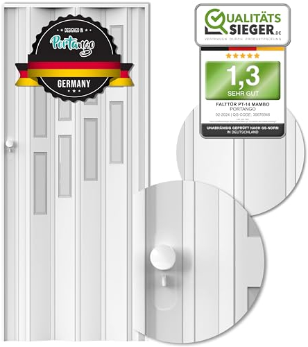 Portango Falttür weiß aus Kunststoff I Innen & Außen Komplettset I faltbare Schiebetür kratzfest und pflegeleicht mit Fenster I anpassbare Breite der Falttüren I Modell PT-14 Mambo (Weiß)