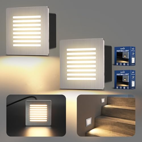 Letlit 2er Set LED Treppenbeleuchtung 3W, 230V 3000K Treppenstufenbeleuchtung, 85 x 85mm, IP65 300lm Einbauleuchten Treppenlicht Beleuchtung für Wand Treppen, Unterputzdosen 68mm, Nickel Gebürstet