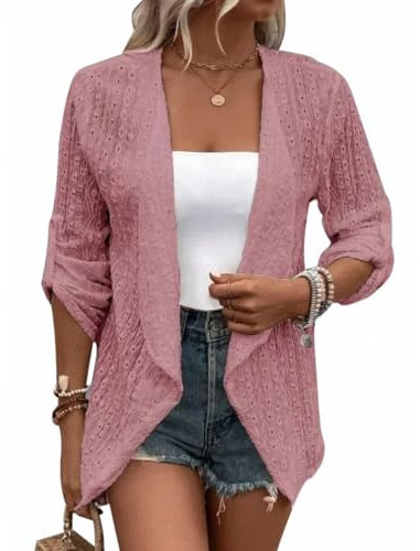 Minetom Cardigan Donna Casual Maniche Lunghe Leggero Aperto Davanti Coprispalle Corto Bolero Elegante Giacca Tops A Rosa M