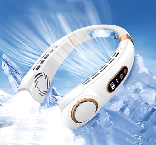 Ventilateur de Cou Portable, Mini Ventilateur USB Silencieux Sans Pale, Ventilateur Portable Cou Rechargeable, Petit Ventilateur Cou Batterie 4000mAh, 5 Vitesses, pour Bureau, Domicile,Voyage, Blanc