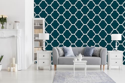 Glücksvilla - Designer-Tapete, selbstklebend (360 x 300 cm BxH) - div. Maße - Vliestapete XXL moderne Wand-Deko - Muster 21 Marokko - Farbe 21 DeepAqua - abstrakt geometrisch orientalisch
