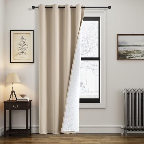 MIULEE Beige Thermal Blackout Eyelet Door Curtain 52x69 Inch 1 Panel | Double-layer quilted velvet thermal insulated & blackout, blocks cold drafts, heavy duty eyelet design, easy install, 1 panel
