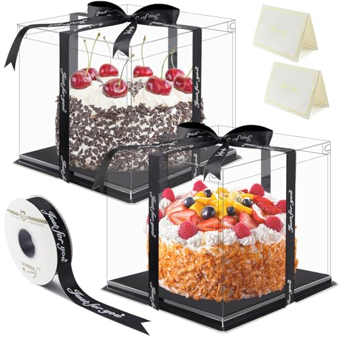 2 scatole trasparenti per torte, 30 x 30 x 25 cm, con cappuccio per torte, scatola per il trasporto di torte, scatola per torte con base e nastro e biglietto di compleanno, per dessert di compleanno,