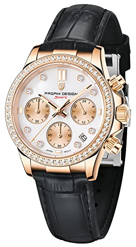 Pagani Design Luxus Damen Quarzuhr Diamanten Japanisches Uhrwerk Synthetischer Saphir Edelstahl Lederband Wasserdicht Multifunktions Chronograph Uhren