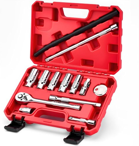 11pc Magnetic Spark Plug Socket Set, 3/8 inch Drive,72 Tooth Torque Wrench,2 Magnetic Swivel Sockets,CR-V Socket Sets with Rubber Rings,Spark Plug Gap Tool,U Joint＆10 Extension Bar