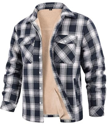 CMTOP Hemdjacke Herren Winterjacke Hemd Gefüttert Hemdjacke Thermo Karierts Freizeithemd mit Multi Taschen Baumwolle Warme Holzfällerhemd(Blau-Weiß,L)