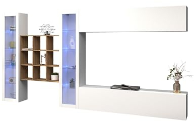 möbelando Wohnwand >Benevent< 5-teilig, aus melaminharzbeschichteter Spanplatte, in Weiß Hochglanz, bestehend aus 2 Vitrinen, 1 TV-Lowboad, 1 Klapphängeschrank, 1 Hängeregal - 350x180x30 (BxHxT)