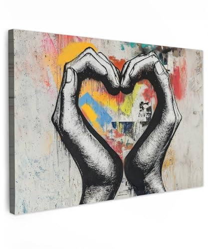 MuchoWow© Leinwand Groß 120x80 cm XXL Deko Schlafzimmer Aesthetic Leinwandbilder Wohnzimmer Gemälde Foto Geschenk Living Room Decoration Hände - Herz - Straßenkunst - Graffiti