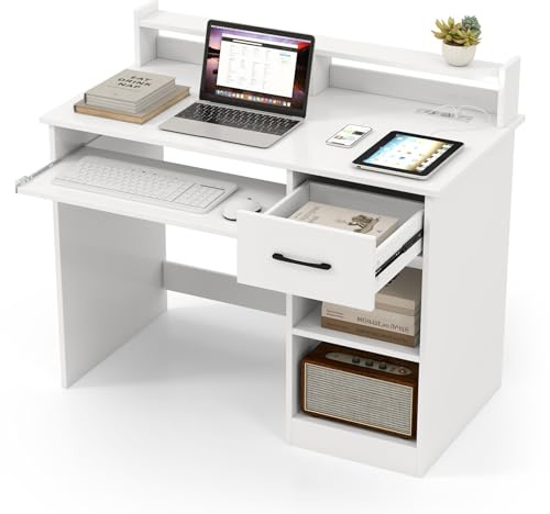 GYMAX Escritorio de Computadora con Estación de Carga, Escritorio de Estudio de 105 CM con Estantes y Cajón, Orificio para Gestión de Cables, Escritorio Moderno y Simple para Dormitorio, Blanco