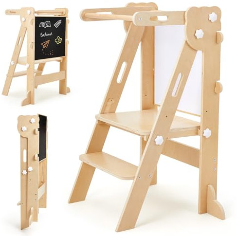 labebe Klappbar Lernturm für Kinder, Montessori Learning Tower mit Zweiseitige Tafel, 3 in 1 Einstellbare Höhe und Breite Lerntower, Multifunktion Lernturm ab 1 Jahr für Küche(Holz)