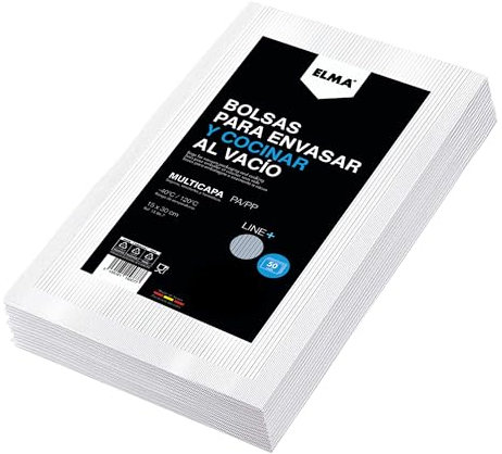 Elma Bolsas de Cocción al Vacío para Alimentos con Tecnología Line + | Bolsas de Vacío Rayadas para Conservación de Alimentos y Sous Vide | Sin BPA, Nueva Fórmula, 20 x 30 cm, 50 Unidades