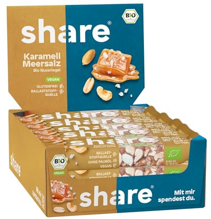 share Bio Nussriegel Karamell Meersalz (15x35g) | Vegan, Glutenfrei, Ohne Palmöl, Laktosefrei, Proteinquelle (17% Protein), Snackriegel mit Erdnüssen & Mandeln – Spendet Essen