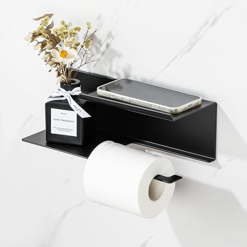 SAYAYO Toilettenpapierhalter mit ablage Klopapierhalter Ohne Bohren Toilettenpapierhalter Schwarz Klorollenhalter mit 2 ablage Selbstklebend WC Papier Halterung