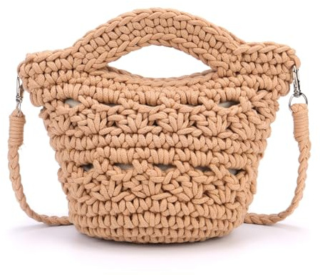 Faletony Summer Beach Crossbody Bag Woven Shoulder Bag with Zipper and Removeable strap Handmade Crochet Handbag Holiday Travel Beige