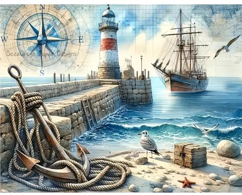 GLIDIAM 50x40cm Diamond Painting Schiff, Diamant Malerei Bilder Leuchtturm Nautisch, DIY Full Drill Basteln Erwachsene, Mosaik Stickerei Kreuzstich Geschenk für Wanddeko Wohnzimmer Schlafzimmer