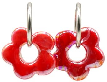 Feliss Creolen Silber Blumen Ohrringe mit Keramik Blume kleine Hoop Earrings 80er Jahre Edelstahl Creole mit Anhänger Boho Schmuck Damen Modeschmuck Y2k Accessoires hängend (Cold Blossom Red)