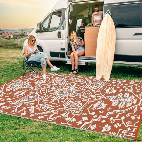 Garvee Outdoor-Teppich, wasserdicht, 22,9 x 30,5 cm, für den Außenbereich, wendbar, Kunststoff, Stroh, großer Outdoor-Teppich für Wohnmobil, Camping, Picknick, Strand, Balkon, Picknick (Ziegelrot/Weiß