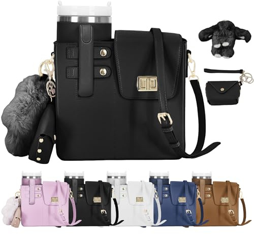 Stanley Lunch Bag, Anti Theft Crossbody Bags for Women Travel with Water Bottle Holder, Purse for Stanley Cup with Cute Toy, Black, 7.15 inches (average of width, length, and height)