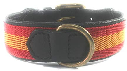 DOG PREMIUM Collar para Perro con Diseño de Bandera Española, Cuero Negro, 55 cm, Hebilla de Bronce. Fabricado en España
