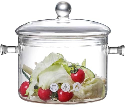 Cooking Pots with Lid, 1900ml Heat-Resistant Borosilicate Glass Cooking Pan | Transparent Saucepan Stockpot with lid and Double Handles for Cooking