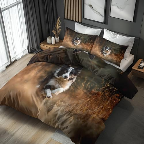 Generisch Bettwäsche 135x200 Border Collie, Weiche Bügelfreie Mikrofaser Bettbezug Set 2tlg, Süß Hund Welpen Muster Schlafzimmer Deko, 1 Kissenbezug 80x80, mit Reißverschluss ZF58