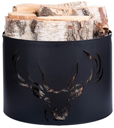 Kapaga - Kaminholzkorb 33 x 26 cm - Metall, Schwarz, pulverbeschichtet | Holzträger mit Hirschmuster – Robuster Holzkorb für Kamin, Wohnzimmer & Deko, Kaminholzträge