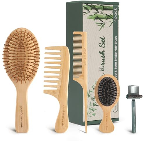 Woduelka 5 Pack Bamboo Hair Brush Set for Hair Growth, Detangling Comb Set