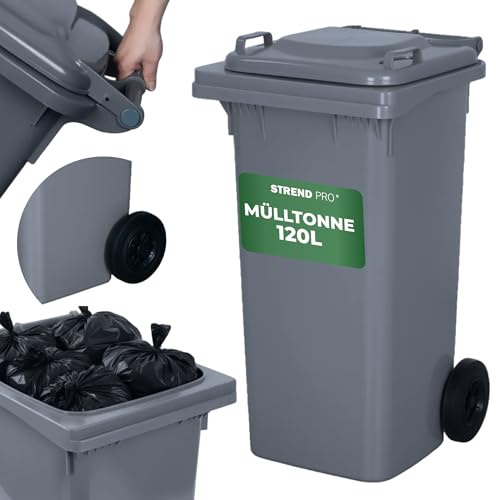STREND PRO Mülltonne 120L Grau | Große Tonne für Restmüll & Haushalt | Mülleimer mit Deckel & Rädern | Robuster Dustbin & Oskartonne | Eimer mit deckel