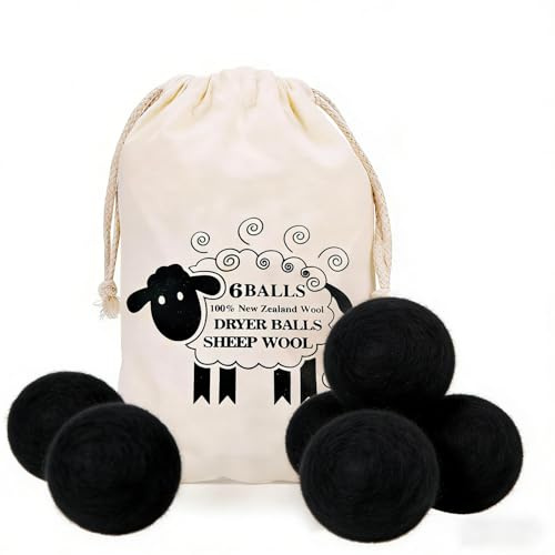 Tumble Dryer Balls Pack of 6, Reusable Cotton Wool Dryer Balls Natural Fabric Softener Pet Hair Remover Washing Machine Reduces Clothing Wrinkles Saves Drying Time (Black - 7 cm)