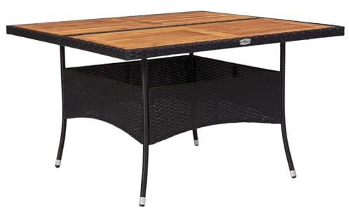 Homgoday Außen Esstisch Rattan 120x120cm Schwarz/Naturholz für Garten oder Terrasse - Abdeckung empfohlen Gartentisch, Balkontisch Model46187