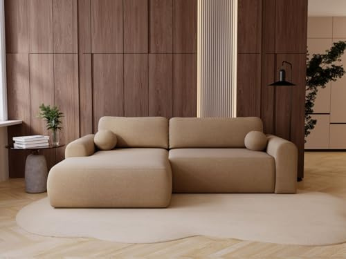 GRAINGOLD Savana L 257x177 cm, L-Form Sofa, Schlafcouch für Wohnzimmer, Bouclé-Stoff, 3-Sitzer Eckcouch, Ecksofa mit Bettkasten (Hellbraun, Links)