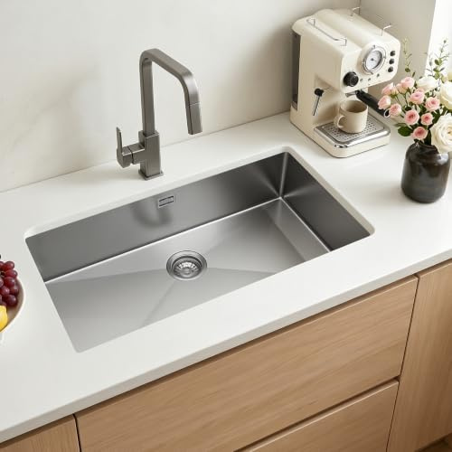 VEVOR Fregadero Bajo Encimera de 1 Seno, 850 x 450 x 190 mm, Fregadero de Cocina Empotrable de Acero Inoxidable, Esquinas Redondeadas, para Lavavajillas Domésticos, Cocinas Auxiliares, Lavaderos
