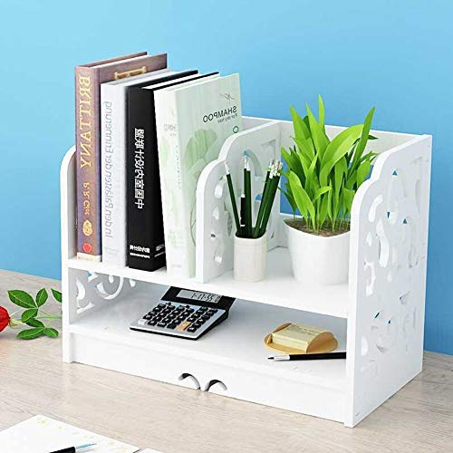 Desktop Bookshelf, Small Desktop Bookcase 2 Tier DIY Wood Baroque Carve Desk Shelf Storage Holder Rack for Office, Home, Kitchen, White