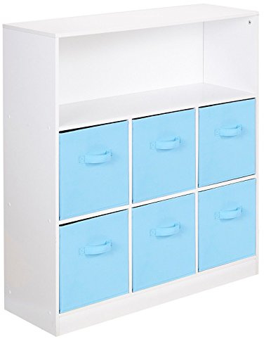URBNLIVING White Wide 7 Cube Bookcase + 6 Sky Blue Non Woven Drawers