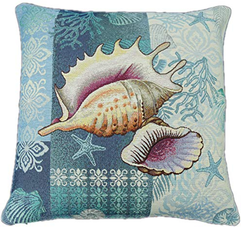 Sandner Kissenhülle Gobelin Kissen Maritim Kissenbezug Hülle Bezug Eckig 45x45 (Muschel Blau Bunt)