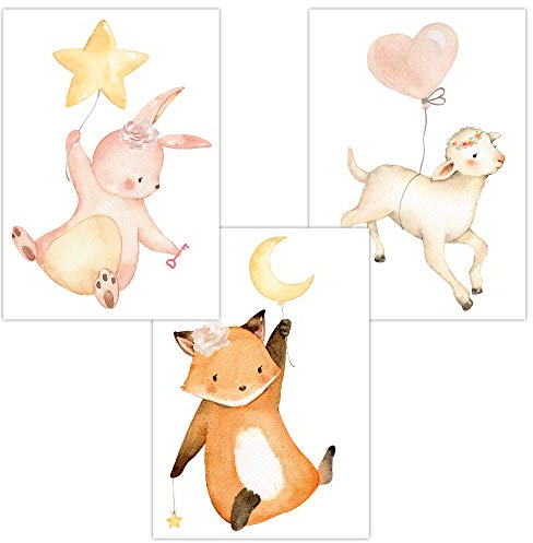 Olgs Babyzimmer Bilder 3er Set | Kinderzimmer Deko Poster DIN A4 | Wandbilder Premium | Tiere Wandposter Mädchen, Junge | Luftballons, Hase, Fuchs, Schaf fliegen