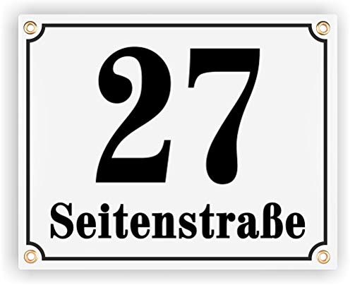 Sosenco Hausnummerschild Hausnummer mit Straßenname - 25x20 cm - Keramik Emaille - Wetterfest - Personalisiert (Weiß)
