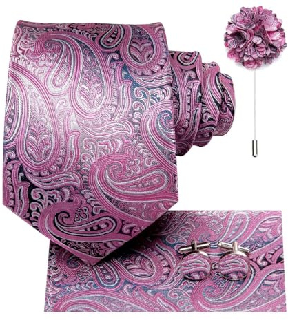Dubulle Herren Krawatte und Revers Pin Blume Seide Einstecktuch Manschettenknöpfe Set für Herren Paisley Solid Stripe 4-teiliges Set, dunkelrosa, Mittel