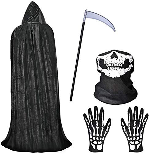 Faburo Halloween-Umhang mit Kapuze, schwarzer Samtumhang, Halloween-Kostüme + Sense + Totenkopf-Maske + Skelett-Handschuhe, Sensenmann, Vampir-Party-Kostüme