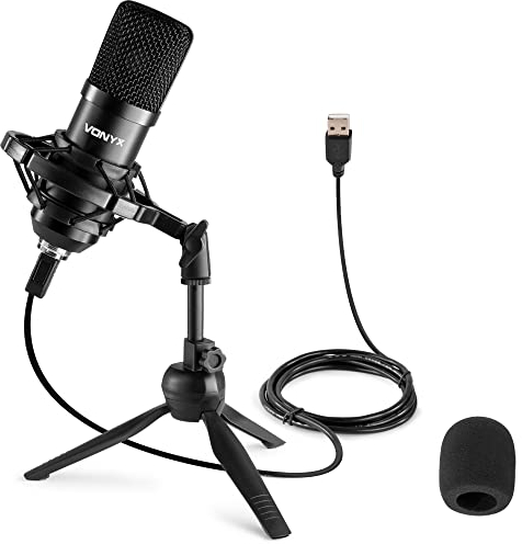 Vonyx CM300B Micrófono de Condensador para Estudio USB, con Soporte de Mesa Plegable, Soporte Antigolpes, Anti-Pop, Microfono Streaming, para Podcast, Gaming, Vlogs, Color Negro