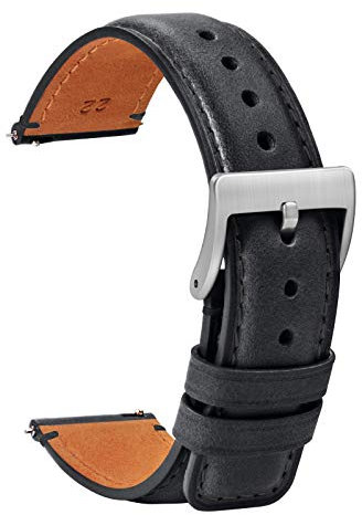 TStrap Leder Uhrenarmband 22mm - Weich Schwarz Quick Release Uhrenarmbänder Ersatz - Sport Uhrenarmband für Herren Damen - Smartwatches Armband mit Silber Schließe Haspe - 18mm 20mm 22mm