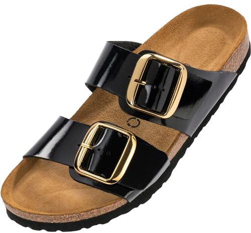 Palado Pantoletten Damen Samos GS - bequeme Sandalen Made in Spain - Hausschuhe mit dämpfendem Kork-Fußbett - modische Sommerschuhe Lack Schwarz UK4,5 - EU37
